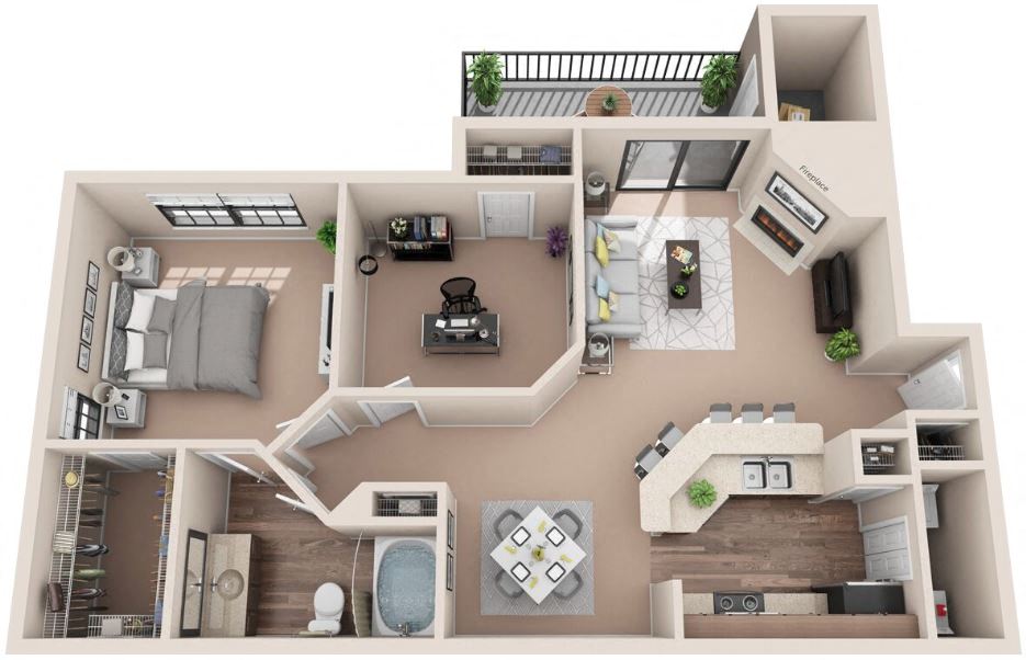 Floor plan for 1 bed, 1 bath, 911 sqft
